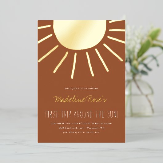 最初ののまわりに日没 | フォト誕生日 箔招待状 (立ち正面)