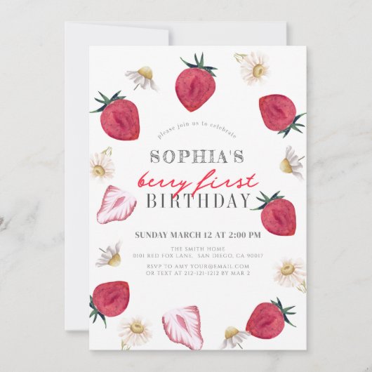 最初のイチゴのお誕生日ガール！ 1歳の誕生日 招待状 (正面)