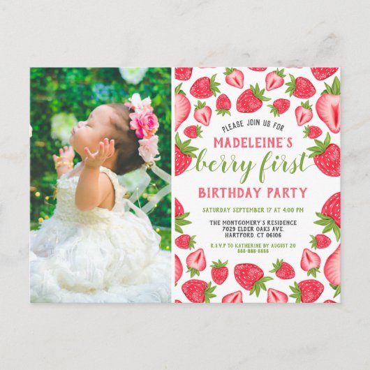 最初のイチゴのお誕生日パーティーの写真 ポストカード (正面)