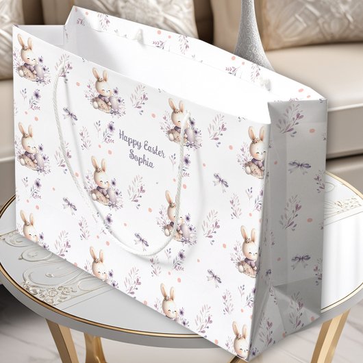 最初のイースターガールパーソナライズされたバニー名パープル ラージペーパーバッグ