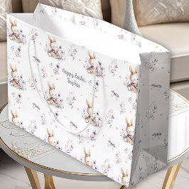 最初のイースターガールパーソナライズされたバニー名パープル ラージペーパーバッグ