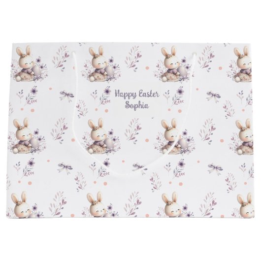 最初のイースターガールパーソナライズされたバニー名パープル ラージペーパーバッグ (正面)