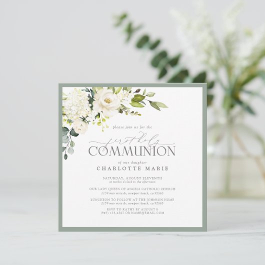 最初のエレガント聖餐式セージ緑のフローラ 招待状 (スタンド正面)