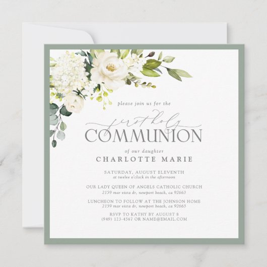 最初のエレガント聖餐式セージ緑のフローラ 招待状 (正面)
