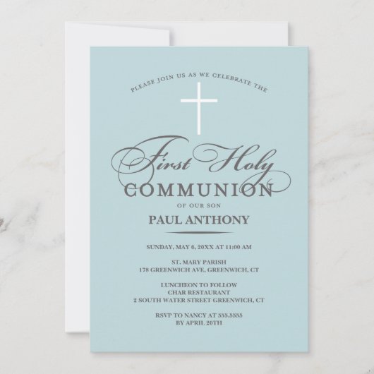 最初のエレガント聖餐式招待状ライトブルー 招待状 (正面)