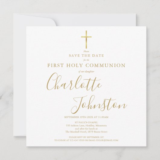 最初のエレガント聖餐式金ゴールド日付を保存 案内状 (正面)