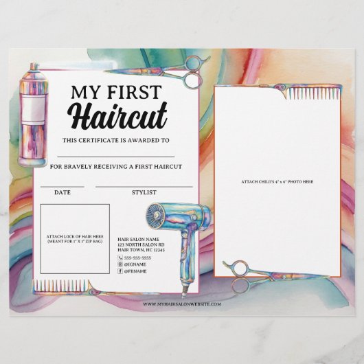 最初のカラフルヘアカットの髪のサロン証明書 (正面)