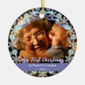 最初のクリスマスおばあちゃんスノーフレークスソフトブルーパープル セラミックオーナメント (正面)