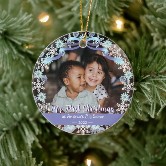 最初のクリスマスおばあちゃんスノーフレークスリボンライトブルー セラミックオーナメント (ツリー)