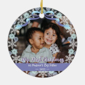 最初のクリスマスおばあちゃんスノーフレークスリボンライトブルー セラミックオーナメント (裏面)