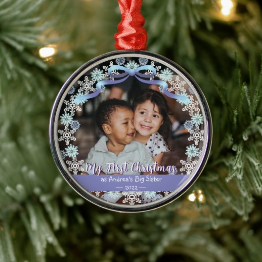 最初のクリスマスおばあちゃんスノーフレークスリボンライトブルー メタルオーナメント (ツリー)