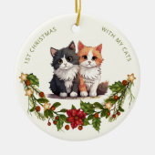 最初のクリスマスにうちの猫と一緒に フラワーレースの水彩画 セラミックオーナメント (正面)