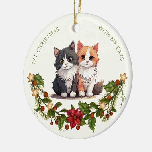 最初のクリスマスにうちの猫と一緒に フラワーレースの水彩画 セラミックオーナメント (左)