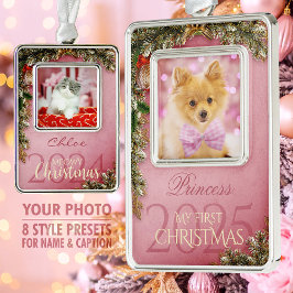 最初のクリスマスのペット写真の記念品、ピンクの装飾 - シルバープレートフレームオーナメント