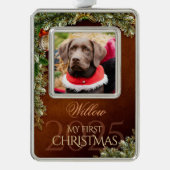 最初のクリスマスのペット写真の記念品、茶色の装飾 - シルバープレートフレームオーナメント (正面)