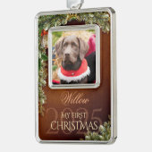 最初のクリスマスのペット写真の記念品、茶色の装飾 - シルバープレートフレームオーナメント (左)