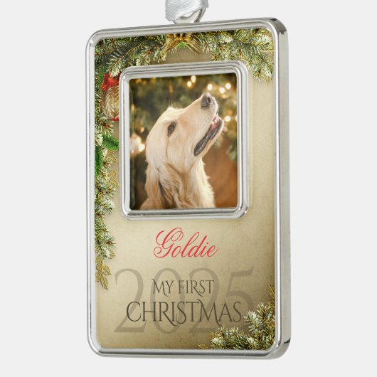 最初のクリスマスのペット写真記念品、ゴールドの装飾 シルバープレートフレームオーナメント (左)