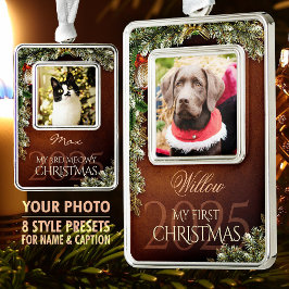 最初のクリスマスのペット写真記念品、ブラウン装飾 - シルバープレートフレームオーナメント