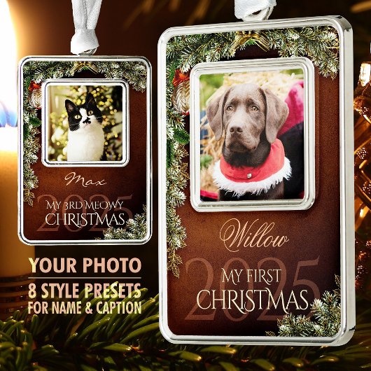 最初のクリスマスのペット写真記念品、ブラウン装飾 - シルバープレートフレームオーナメント