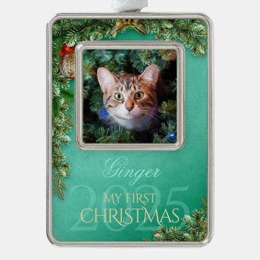 最初のクリスマスのペット写真記念品、ミントデコ - シルバープレートフレームオーナメント (正面)