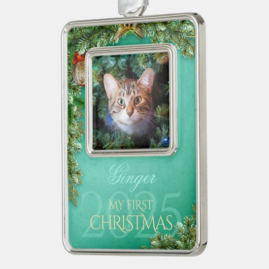 最初のクリスマスのペット写真記念品、ミントデコ - シルバープレートフレームオーナメント (左)