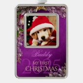 最初のクリスマスのペット写真記念品、紫の装飾 - シルバープレートフレームオーナメント (正面)