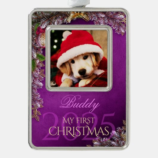 最初のクリスマスのペット写真記念品、紫の装飾 - シルバープレートフレームオーナメント (正面)