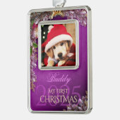 最初のクリスマスのペット写真記念品、紫の装飾 - シルバープレートフレームオーナメント (左)