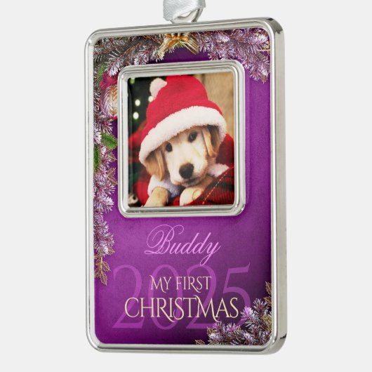 最初のクリスマスのペット写真記念品、紫の装飾 - シルバープレートフレームオーナメント (左)