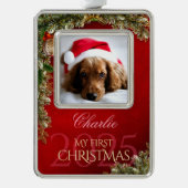 最初のクリスマスのペット写真記念品、赤い装飾 - シルバープレートフレームオーナメント (正面)