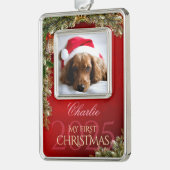 最初のクリスマスのペット写真記念品、赤い装飾 - シルバープレートフレームオーナメント (左)