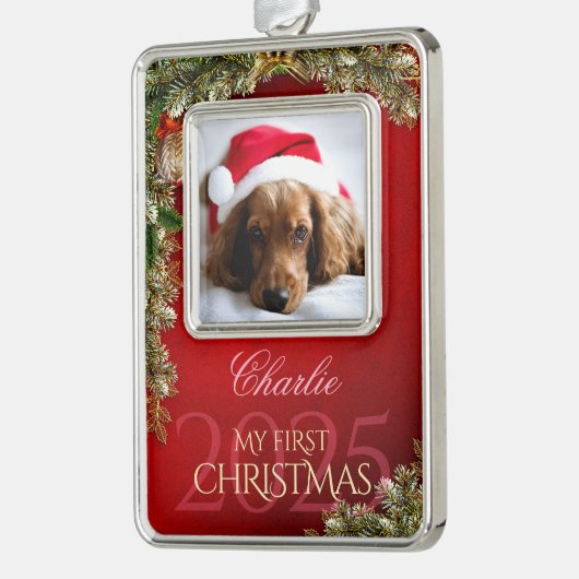 最初のクリスマスのペット写真記念品、赤い装飾 - シルバープレートフレームオーナメント (左)