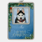 最初のクリスマスのペット写真記念品、青空の装飾 - シルバープレートフレームオーナメント (正面)