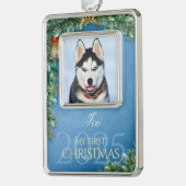 最初のクリスマスのペット写真記念品、青空の装飾 - シルバープレートフレームオーナメント (左)