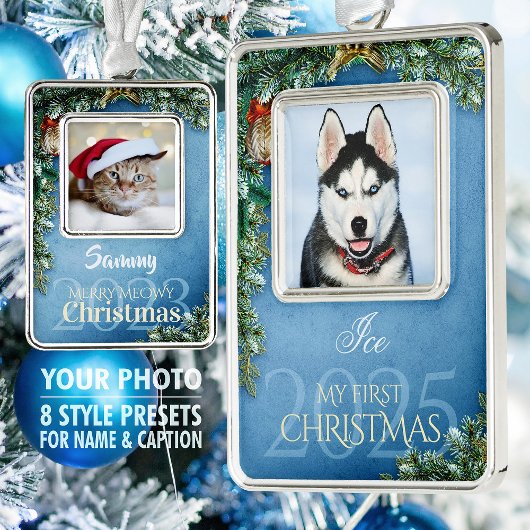最初のクリスマスのペット写真記念品、青空の装飾 - シルバープレートフレームオーナメント