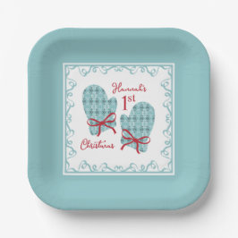 最初のクリスマスのミトン 赤いリボン ホリデー ペーパープレート