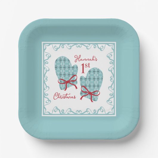 最初のクリスマスのミトン 赤いリボン ホリデー ペーパープレート (正面)