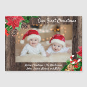最初のクリスマスの双子写真 レトロな木のデザイン (正面)