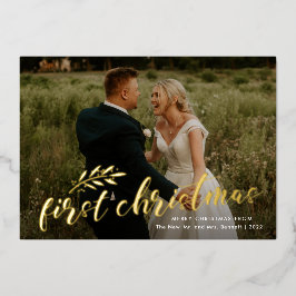 最初のクリスマスの手書きの結婚式の写真ゴールド 箔招待状