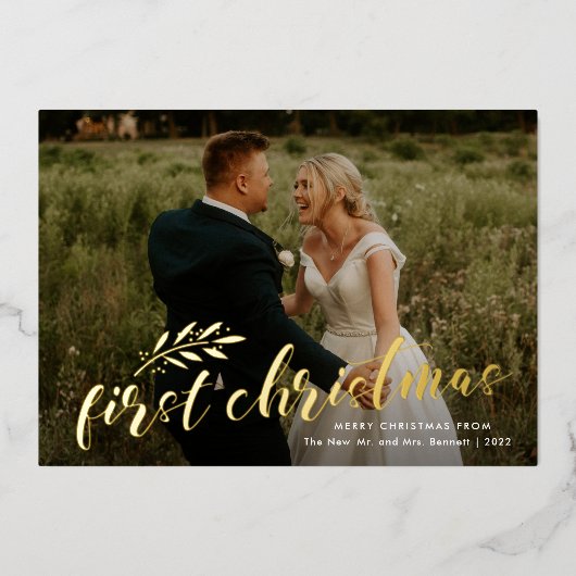最初のクリスマスの手書きの結婚式の写真ゴールド 箔招待状 (正面)