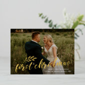 最初のクリスマスの手書きの結婚式の写真ゴールド 箔招待状 (立ち正面)