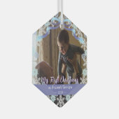 最初のクリスマスグランドパライトブルーパープルトーンスノー ガラスオーナメント (正面右)