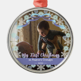 最初のクリスマスグランドパライトブルーパープルトーンスノー メタルオーナメント