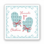 最初のクリスマスミトン 赤いリボン ホリデー シール (正面)