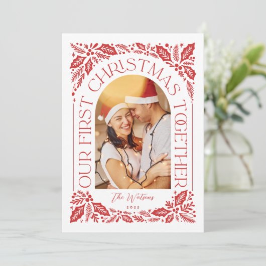 最初のクリスマス一緒 アーチ 赤 3枚 フォトコラージュ シーズンカード (スタンド正面)