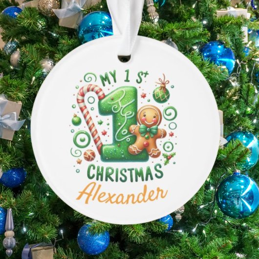 最初のクリスマス キャンディー ケーン ジンジャーブレッド フォト オーナメント