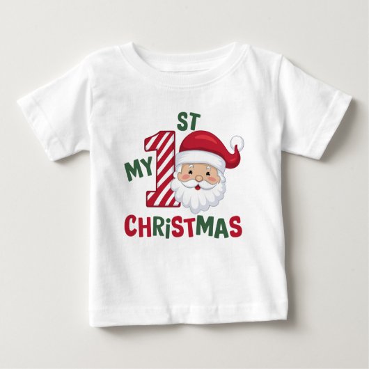最初のクリスマス タイポグラフィー かわいいサンタ ベビーTシャツ (正面)