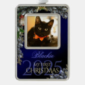 最初のクリスマス ペット フォト 記念品、ブラックブルー - シルバープレートフレームオーナメント (正面)