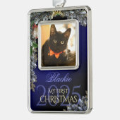 最初のクリスマス ペット フォト 記念品、ブラックブルー - シルバープレートフレームオーナメント (左)