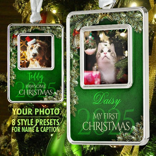 最初のクリスマス ペット フォト 記念品、緑の装飾 - シルバープレートフレームオーナメント
